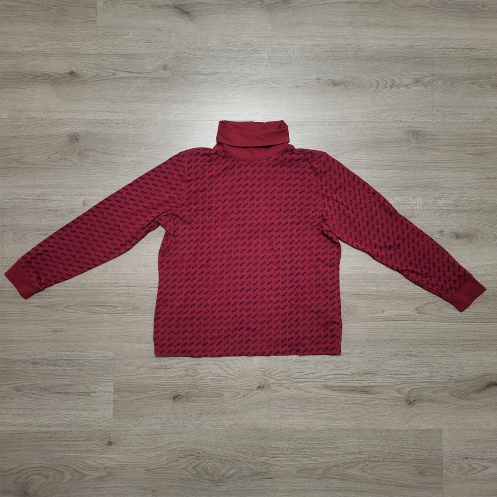 LL Bean Womens Medium Petite Red Burgundy Heart Print Cotton Turtleneck 515676